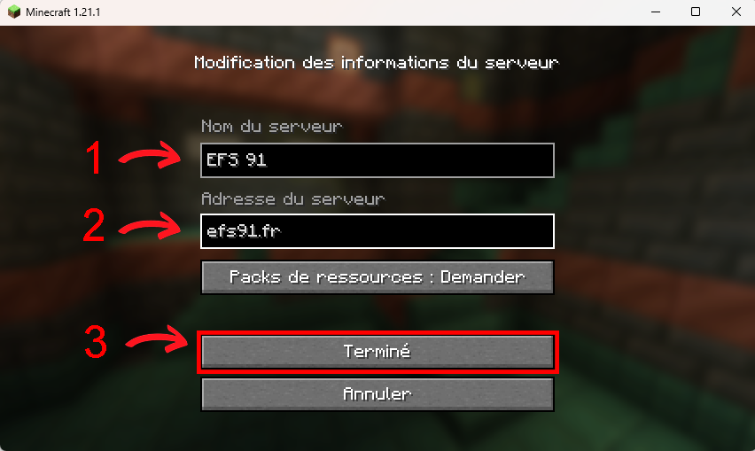 Fenêtre Modification des informations du serveur avec 1) Nom du serveur, 2) Adresse du serveur, 3) bouton Terminé.