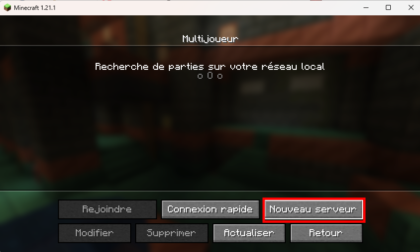 Écran Multijoueur — bouton Nouveau serveur en bas à droite.
