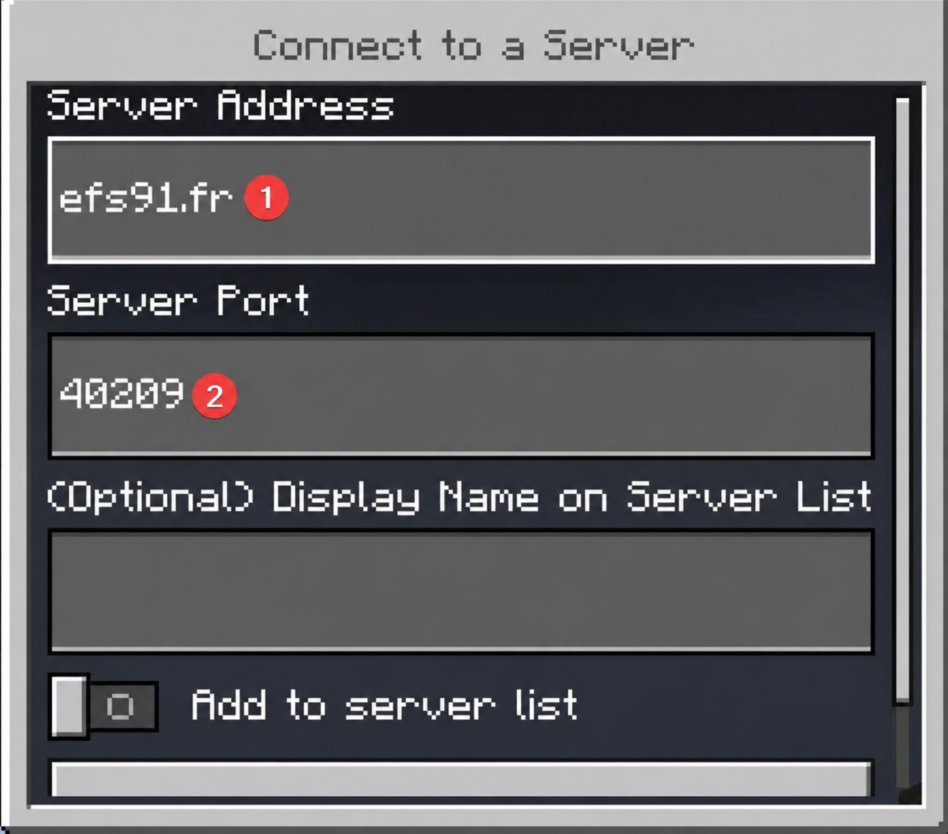 Connexion BedrockConnect au serveur EFS 91 avec efs91.fr et le port 40209